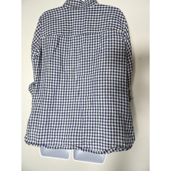 Talbots Linen 1XP Petite 1X Blouse Blue Gingham Plaid Button Up Picnic Collared - Picture 5 of 9